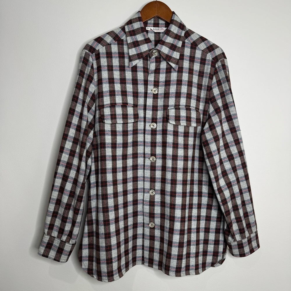 Izod Vintage Men’s Wool Plaid‎ Lumberjack Button Up Shirt Jacket Large Pockets